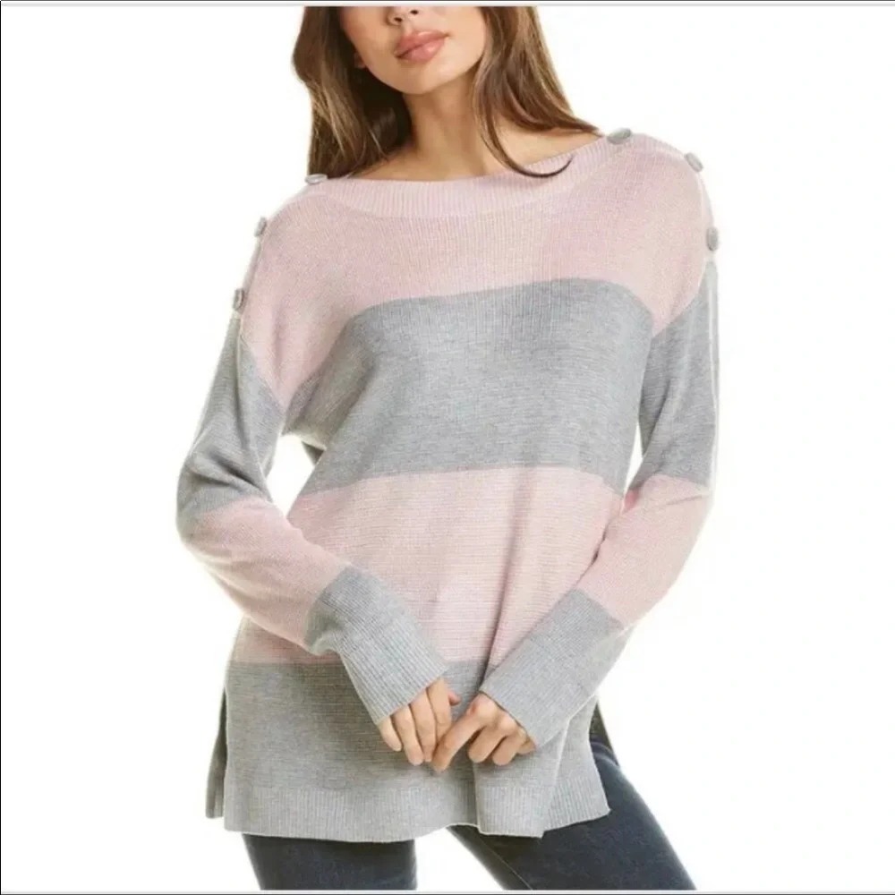Vince Camuto Button Shoulder Stripe Sweater Top S Pink Gray Fall Winter Cozy NWT